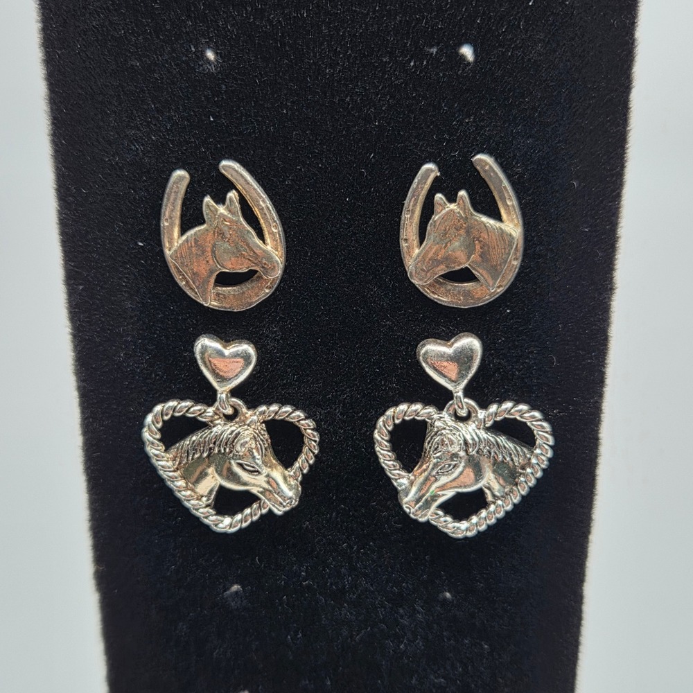 2 Pair SilverTone Horse Head Horseshoe Heart Earrings Western Cowgirl Equestrian